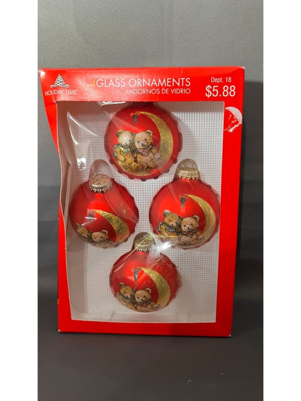 Holiday Time Red Glass Ornaments Set Of 4 With Teddy Bear Design For Christmas T